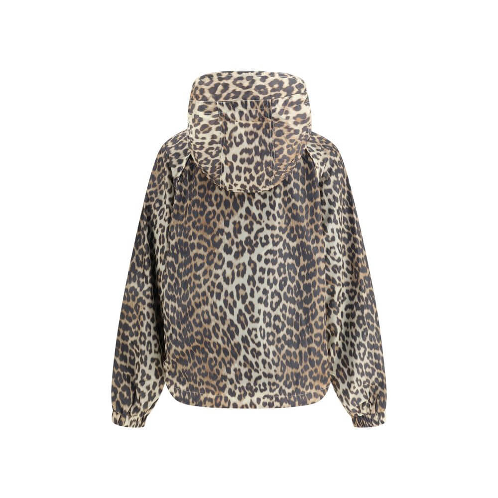 Ganni Multicolor Nylon Rain Coat with leopard print, hood, and pockets for stylish rainy days, featuring GANNI logo patch and front zipper.