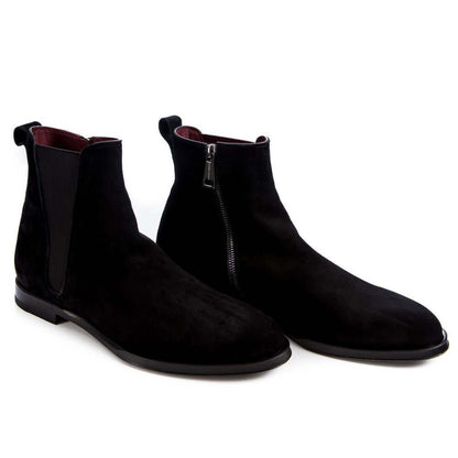 Dolce & Gabbana Black Calfskin Men Ankle Boot with zipper and elastic band, showcasing Italian craftsmanship and red leather interior.