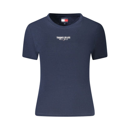 Tommy Hilfiger Blue Cotton Women T-Shirt with logo print on front, sustainable fabric blend, short-sleeved crew-neck design.