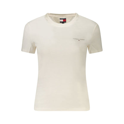 Tommy Hilfiger White Cotton Women T-Shirt with logo print on front, eco-friendly 95% regenerative cotton, crew neck, stylish and sustainable design.