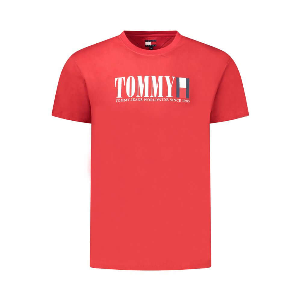Tommy Hilfiger Red Cotton Men T-Shirt featuring the iconic logo, sustainable fashion, crew-neck, stylish and eco-conscious design.