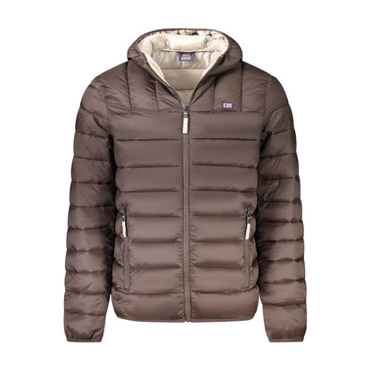 Norway 1963 Brown Polyamide Men Jacket with beige accents, zip closure, hood, and logo, perfect for adventure and style.