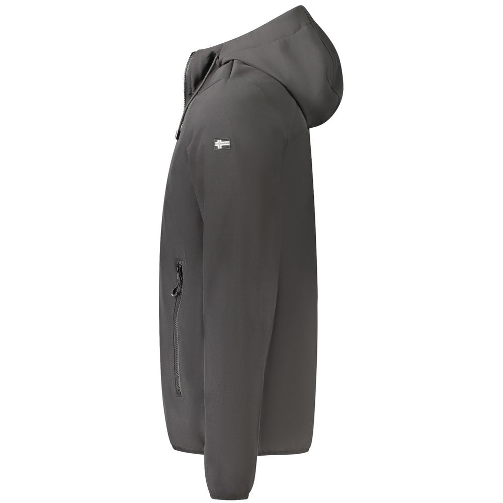 Side view of Norway 1963 Black Polyester Men's Jacket with hood and zipper pockets.