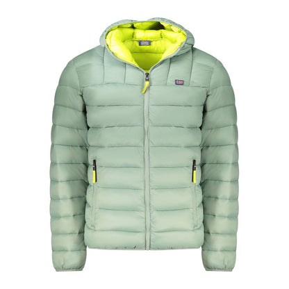 Norway 1963 Green Polyamide Men Jacket with yellow accents, hood, and zip closure. Durable and stylish outerwear for modern men.