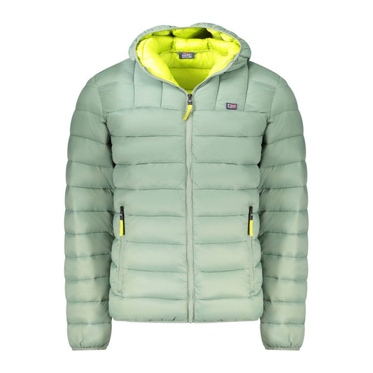 Norway 1963 Green Polyamide Men Jacket with yellow accents, hood, and zip closure. Durable and stylish outerwear for modern men.