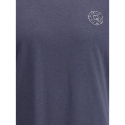 Fendi Blue Cotton T-Shirt with ribbed crew neck and iconic logo on chest, made from soft cotton for AW25. Regular fit, Made in Italy.