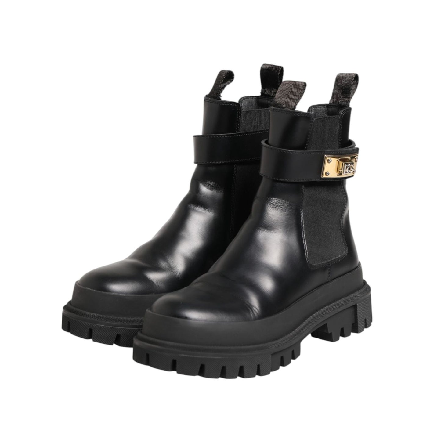 Dolce & Gabbana Black Calfskin DG Logo Strap Ankle Boots Shoes