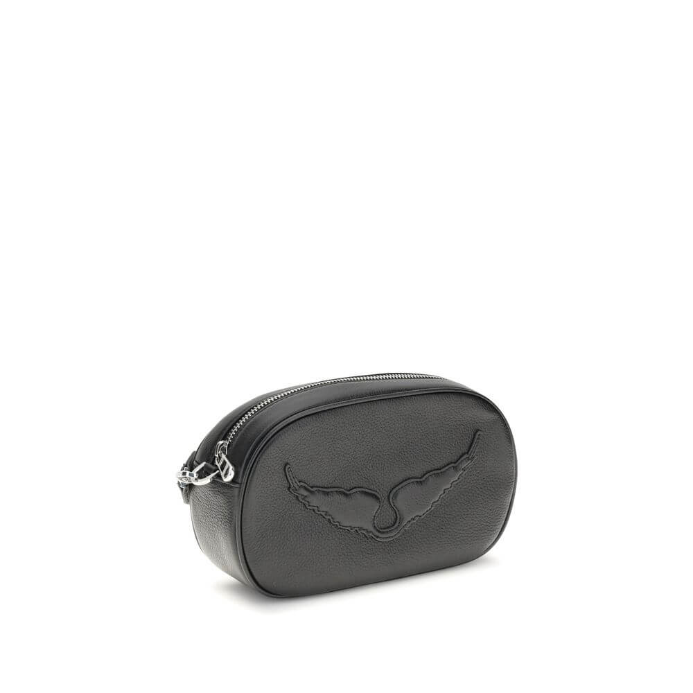 Zadig & Voltaire Black Calf Leather Bos Taurus Shoulder Bag with adjustable strap, key ring, and magnetic back pocket.