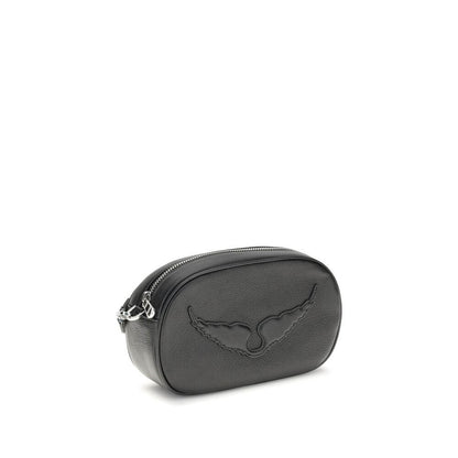 Zadig & Voltaire Black Calf Leather Bos Taurus Shoulder Bag with adjustable strap, key ring, and magnetic back pocket.