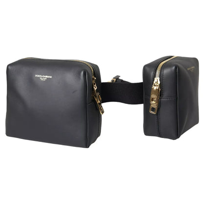 Dolce & Gabbana Black Calfskin Leather Double Waist Belt Fanny Pack Bag