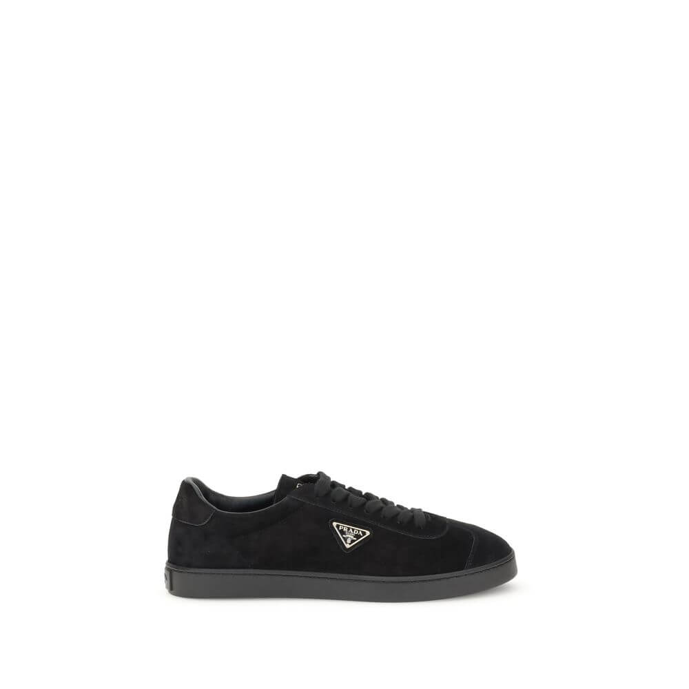 Prada Black Calf Leather Bos Taurus Low Top Sneakers with rubber sole and logo plaque, stylish and comfortable footwear for AW25 season.