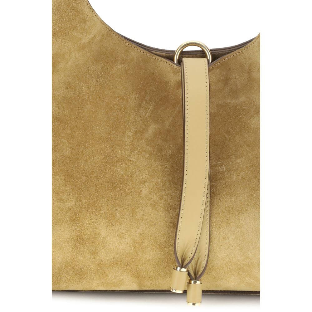 Chloé Beige Calf Leather Bos Taurus Shoulder Bag with golden metallic detail and tasseled closure, showcasing bohemian style.