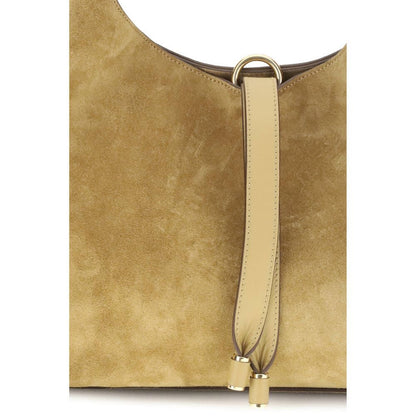 Chloé Beige Calf Leather Bos Taurus Shoulder Bag with golden metallic detail and tasseled closure, showcasing bohemian style.