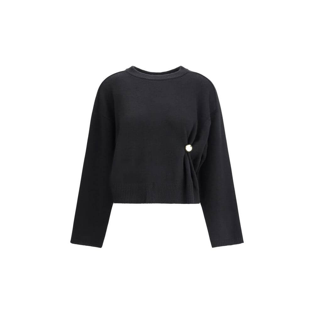 Loulou De Saison Black Wool Sweatshirt with elegant crew neck and gold detail, long sleeves, AW25 collection, stylish draped effect.