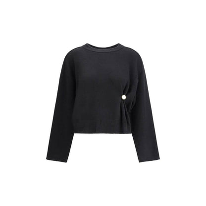 Loulou De Saison Black Wool Sweatshirt with elegant crew neck and gold detail, long sleeves, AW25 collection, stylish draped effect.