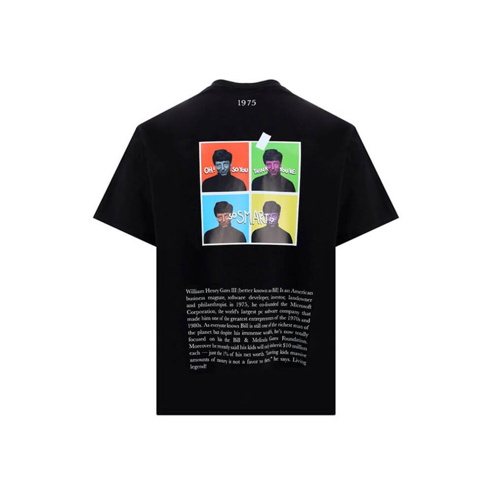 Black short-sleeve t-shirt with colorful graphic design and text, featuring four headshot images in blocks on the back.