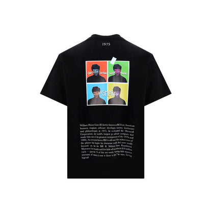 Black short-sleeve t-shirt with colorful graphic design and text, featuring four headshot images in blocks on the back.