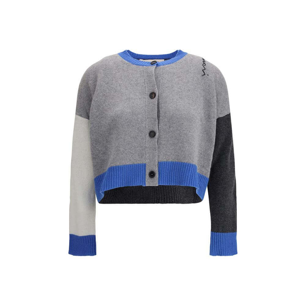 Marni Gray Cashmere Cardigan with decorative stitching, ribbed crew neck and front button closure, in pure cashmere. AW25 collection.