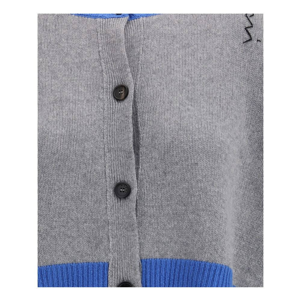 Close-up of front button closure on Marni Gray Cashmere Cardigan with decorative stitching, ribbed hem, and cuffs.