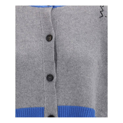 Close-up of front button closure on Marni Gray Cashmere Cardigan with decorative stitching, ribbed hem, and cuffs.