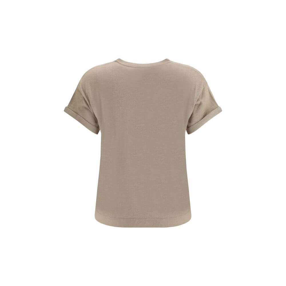 Back view of Brunello Cucinelli Beige Nylon T-Shirt with elegant design and glitter effect.