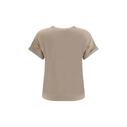 Back view of Brunello Cucinelli Beige Nylon T-Shirt with elegant design and glitter effect.