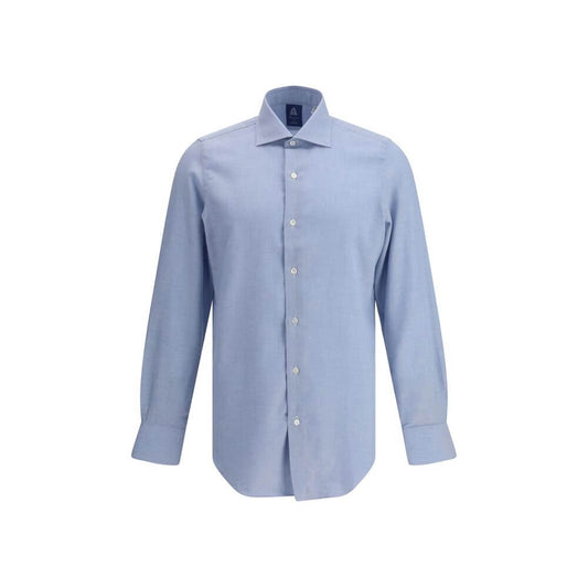 Finamore Light Blue Cotton Dress Shirt with classic collar and button closure for elegant everyday wear, made in Italy from cotton and cashmere.