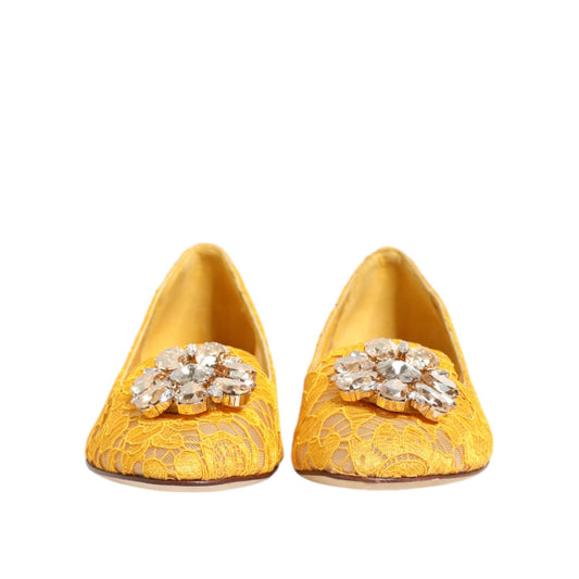 Dolce & Gabbana Yellow Taormina Lace Crystals Flats Shoes