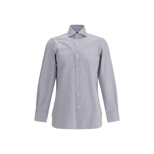 Finamore Blue Cotton Pattern Shirt with striped design, classic collar, button closure, and adjustable cuffs, made in Italy.