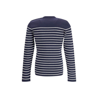 Back view of Prada Blue Fleece Wool Sweatshirt with striped pattern, ribbed crew neck, and iconic jacquard signature, made in Italy.