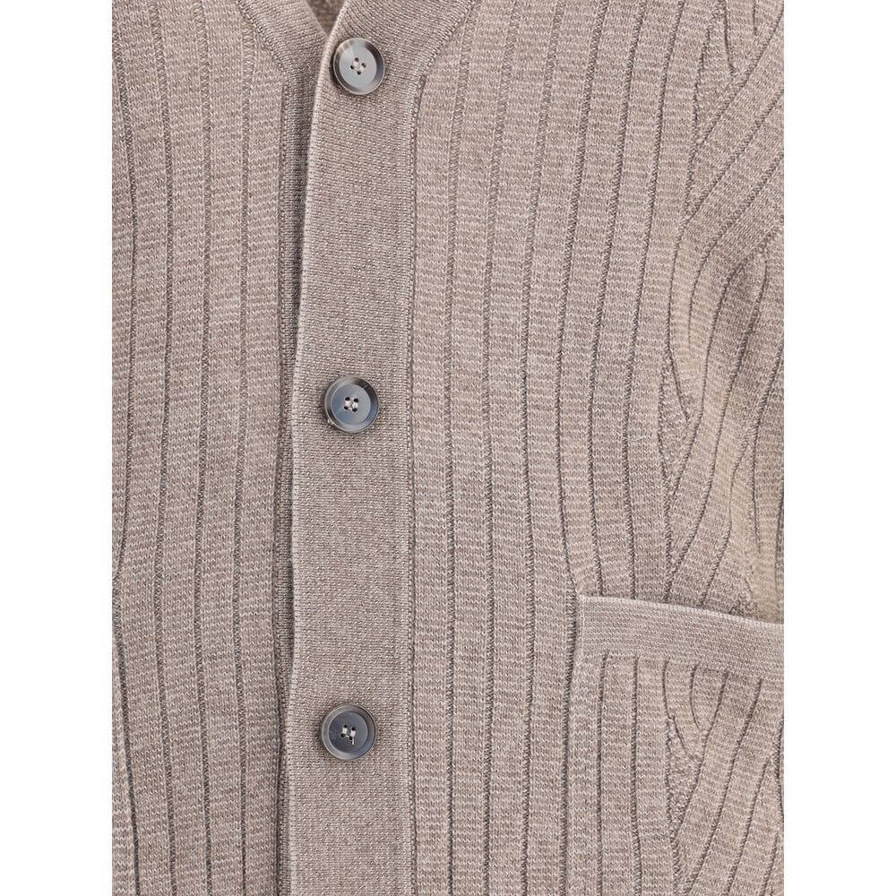 Brioni Brown Wool Cardigan with ribbed texture, V-neck, button closure, front pockets, and quality craftsmanship, made in Italy.