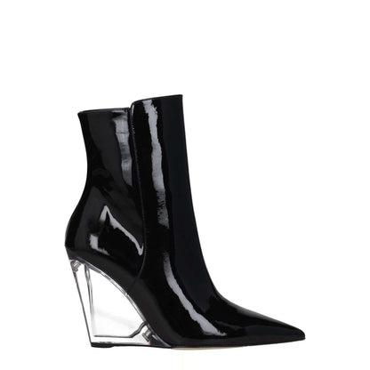 Stuart Weitzman Black Leather Ankle Boots with wedge heel and pointy toe, featuring patent leather and zip closure in punk rock style.