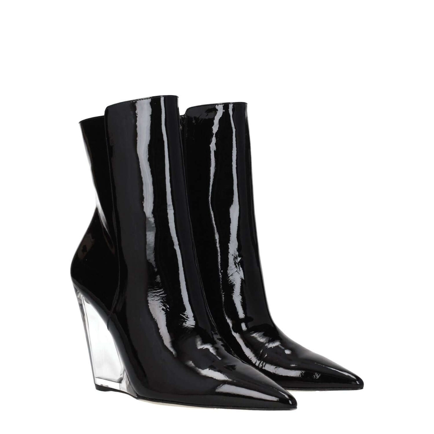 Stuart Weitzman Black Leather Ankle Boots with pointy toe and wedge heel, made of patent leather, featuring zip closure and punk rock style.