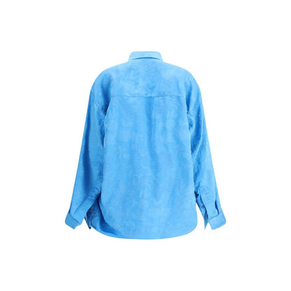 Back view of Balenciaga Blue Viscose Pattern Shirt showcasing cocoon silhouette and rounded design.