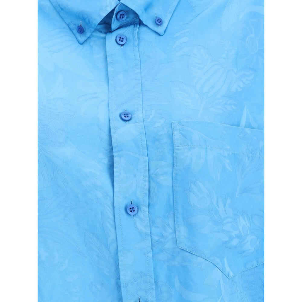 Balenciaga Blue Viscose Pattern Shirt with floral design, featuring a button-down collar and chest pocket.