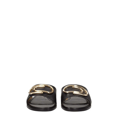 Off-White Black Leather Slippers with open toe and gold details, low flat heel, leather sole. MPN OWIC015LEA0031076.
