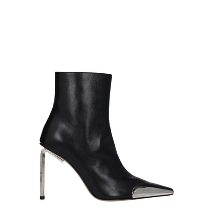 Off-White Black Leather Ankle Boots with high heel, pointy toe, and silver accents.