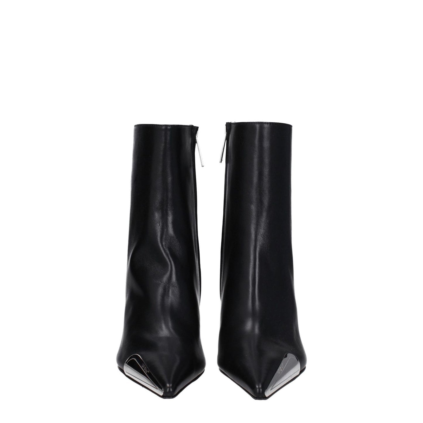 Off-White Black Leather Ankle Boots with 10 cm high heel and pointy toe, featuring side and back logos, zip closure.