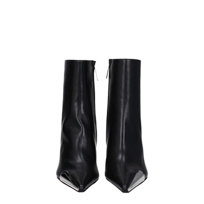 Off-White Black Leather Ankle Boots with 10 cm high heel and pointy toe, featuring side and back logos, zip closure.