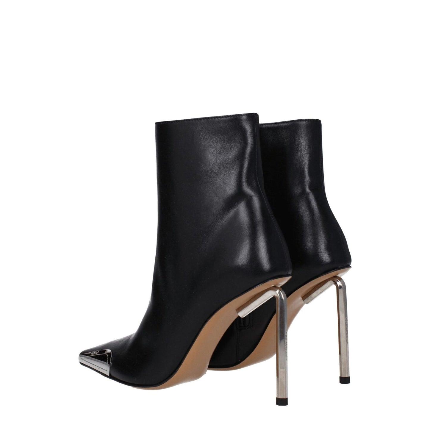Off-White Black Leather Ankle Boots with high heel and pointy toe, featuring side logo and back logo, vintage style with zip closure.