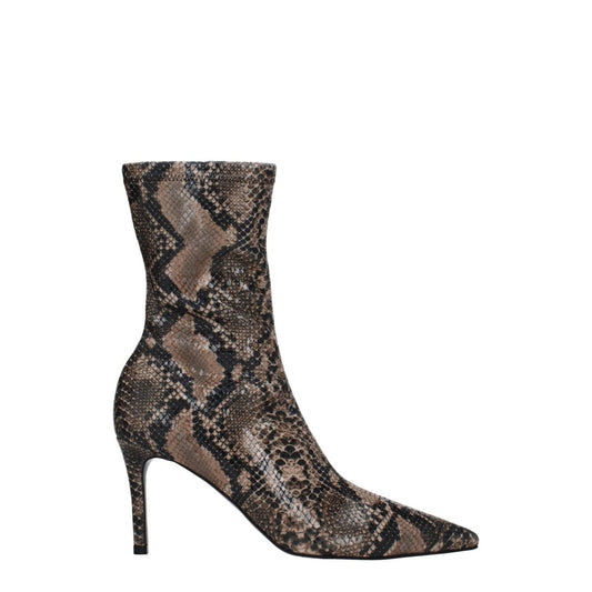 Stella McCartney Brown Leather Ankle Boots in eco leather with python print, mid heels, and pointy toe.