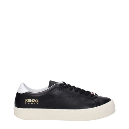 Kenzo Black Leather Low Top Sneakers with logo design, lace-up closure, and rubber sole, featuring a sporty glam style and round toe.