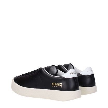 Kenzo Black Leather Low Top Sneakers with side, front, and back logo, featuring a sporty glam style, lace-up closure, and rubber sole.
