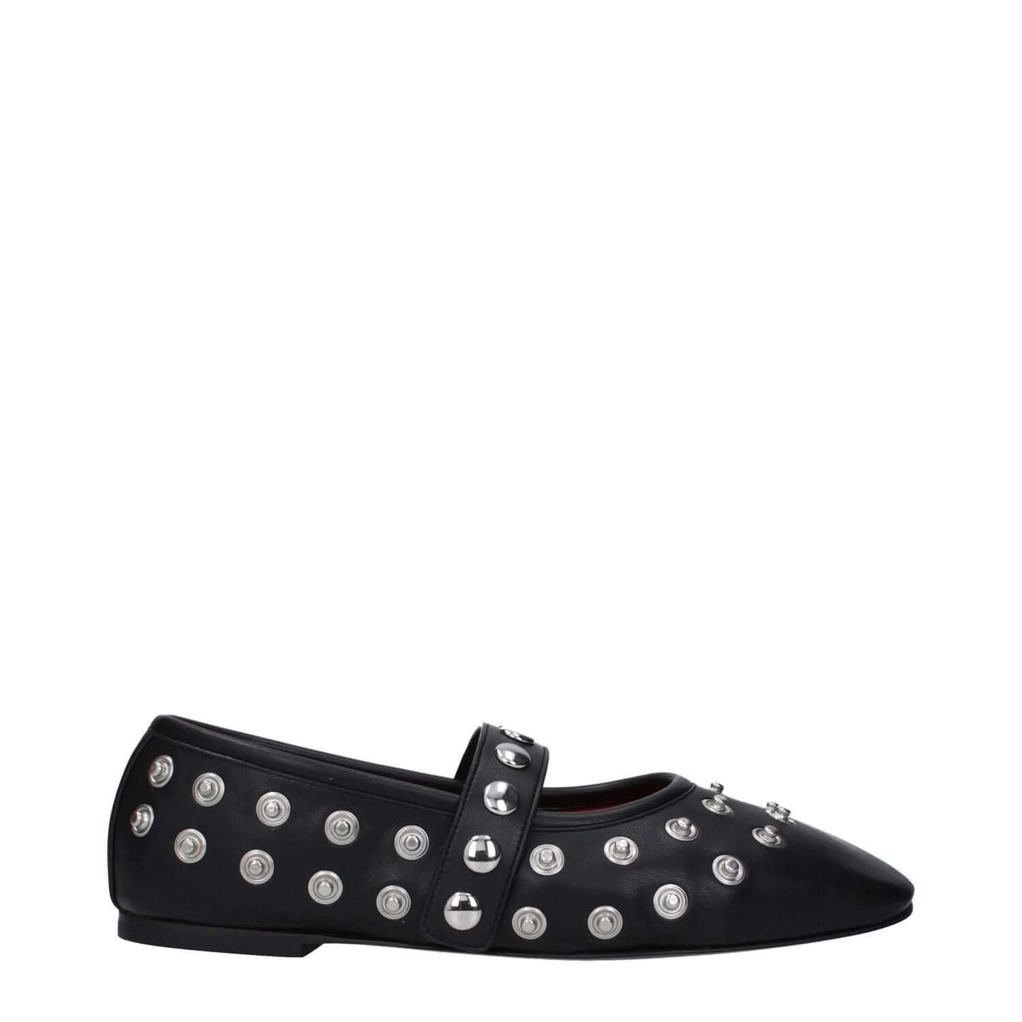 Stella McCartney Black Leather Ballet Flats with silver studs, eco-friendly design, rubber sole, and button closure for a punk rock style.
