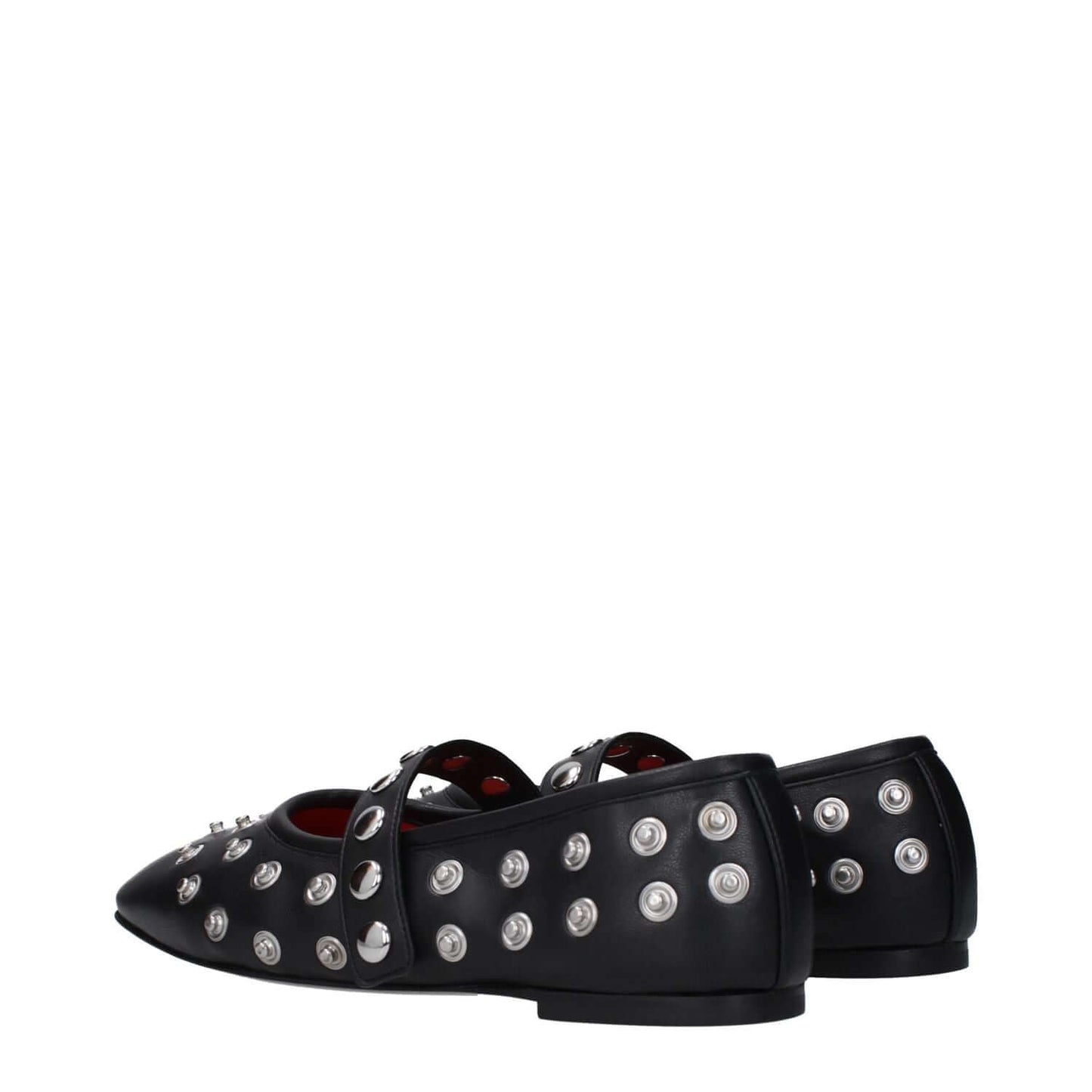 Stella McCartney Black Leather Ballet Flats with silver studs, eco leather, punk rock style, button closure, round toe, flat heel.