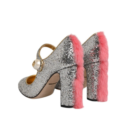 Dolce & Gabbana Silver Glitter Mink Fur VALLY Pumps Shoes