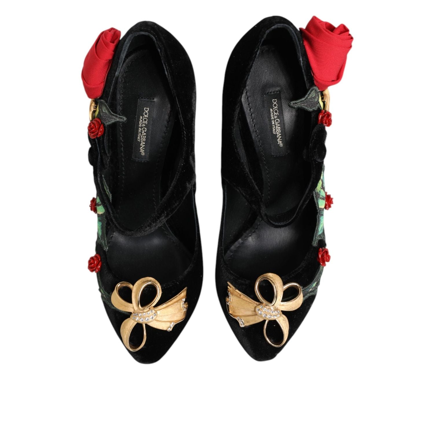 Dolce & Gabbana Black Roses Crystal Brooch Mary Jane Shoes
