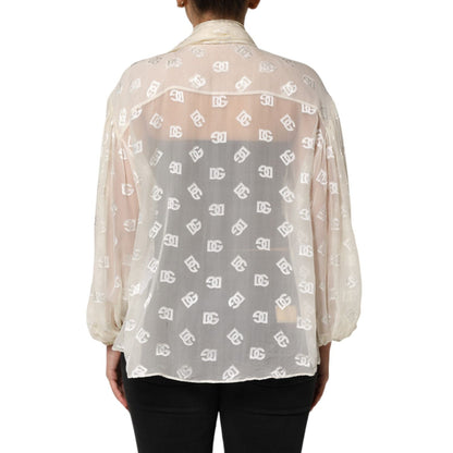 Dolce & Gabbana Off White Logo Monogram Ascot Collar Top