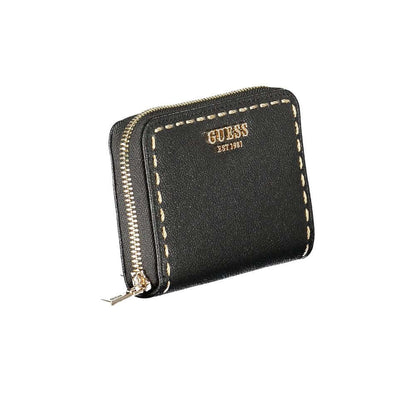 Guess Jeans Black Polyethylene Wallet with zip closure, card spaces, and contrasting details, featuring brand logo.