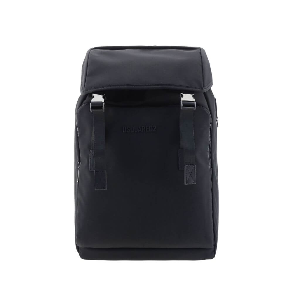 Dsquared² Black Nylon Backpack with logoed metal clip and padded straps, designed for everyday style and comfort.